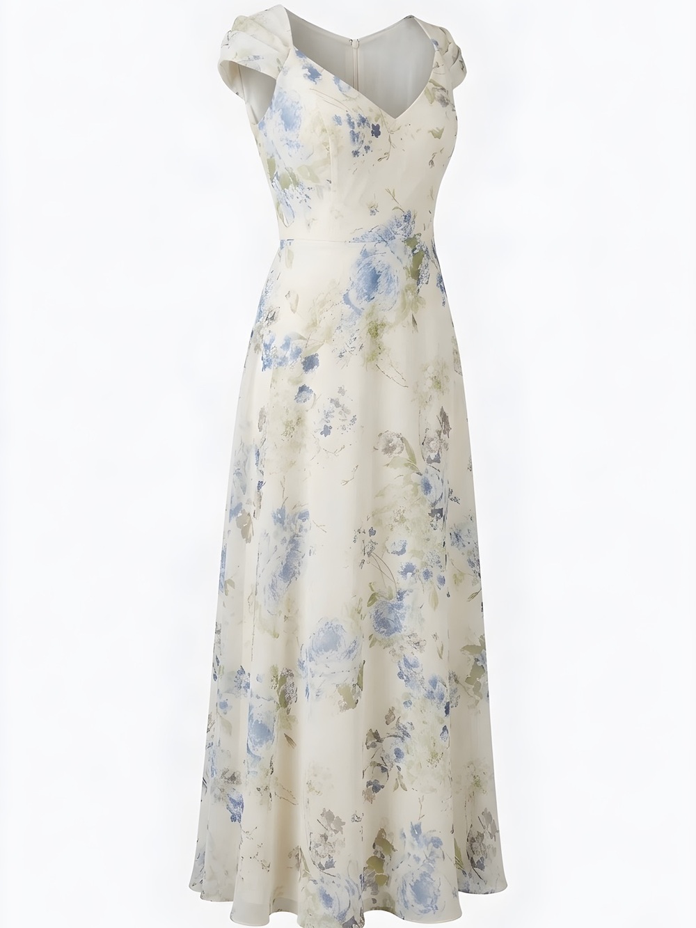 After Six Ivory lux chiffon Maxi Dress with Blue Garden Floral Print